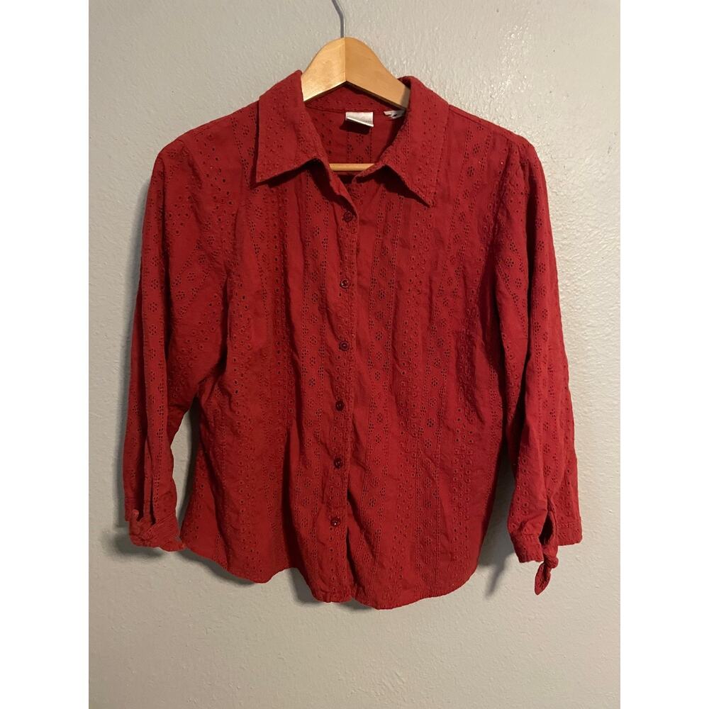 Vintage Emma James Top Womens Large Red Eyelet Lace Tie Sleeve Cottagecore 90s